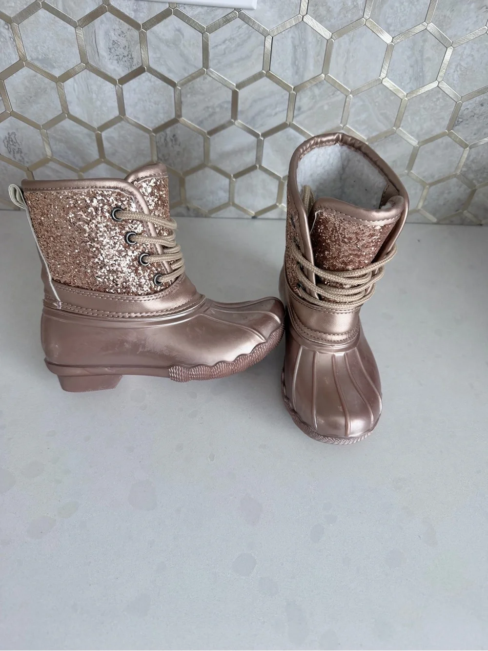 Kids' Rose Gold Glitter Duck Boots - Cozy Lined Winter Boots 11